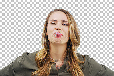 Buy stock photo Portrait, comic and tongue out with a happy woman isolated on a transparent background for comedy. Funny face, silly or goofy and a happy young person on  PNG for carefree facial expression humor