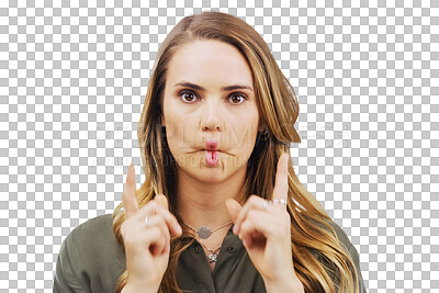 Buy stock photo Portrait, funny face and young woman with comic, goofy or silly attitude or facial expression. Comedy, fun and person from Canada with playful face for joke isolated by transparent png background.