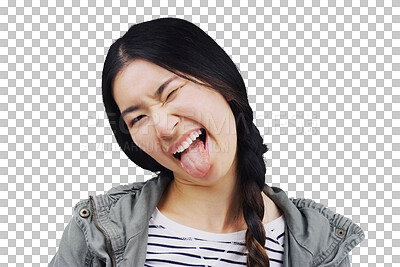 Buy stock photo Portrait, funny face and tongue out with an Asian woman isolated on a transparent png background, silly and goofy. Comedy, comic and wink with a crazy young female person joking for fun and humor