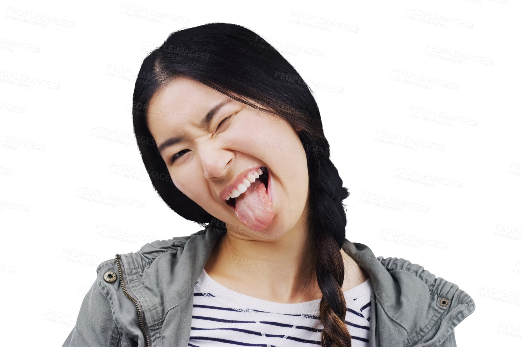 Buy stock photo Portrait, funny face and tongue out with an Asian woman isolated on a transparent png background, silly and goofy. Comedy, comic and wink with a crazy young female person joking for fun and humor