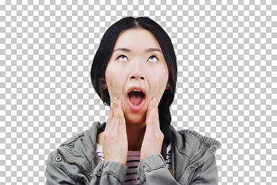 Buy stock photo Funny, face and comic Asian woman, crazy and isolated on a transparent png background. Female person, girl and silly facial expression, laughing at comedy and goofy joke, foolish grimace or humor