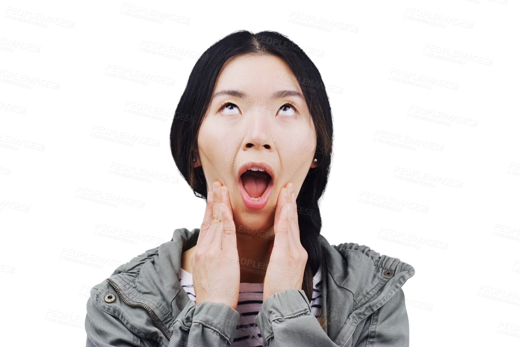 Buy stock photo Funny, face and comic Asian woman, crazy and isolated on a transparent png background. Female person, girl and silly facial expression, laughing at comedy and goofy joke, foolish grimace or humor