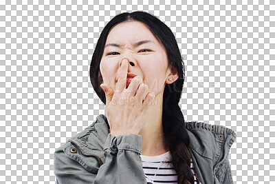 Buy stock photo Woman, nose and funny face or comedy, crazy and smile or isolated on transparent png background. Asian female person, silly and comic or humor, emoji and weird personality or happy, goofy and freedom