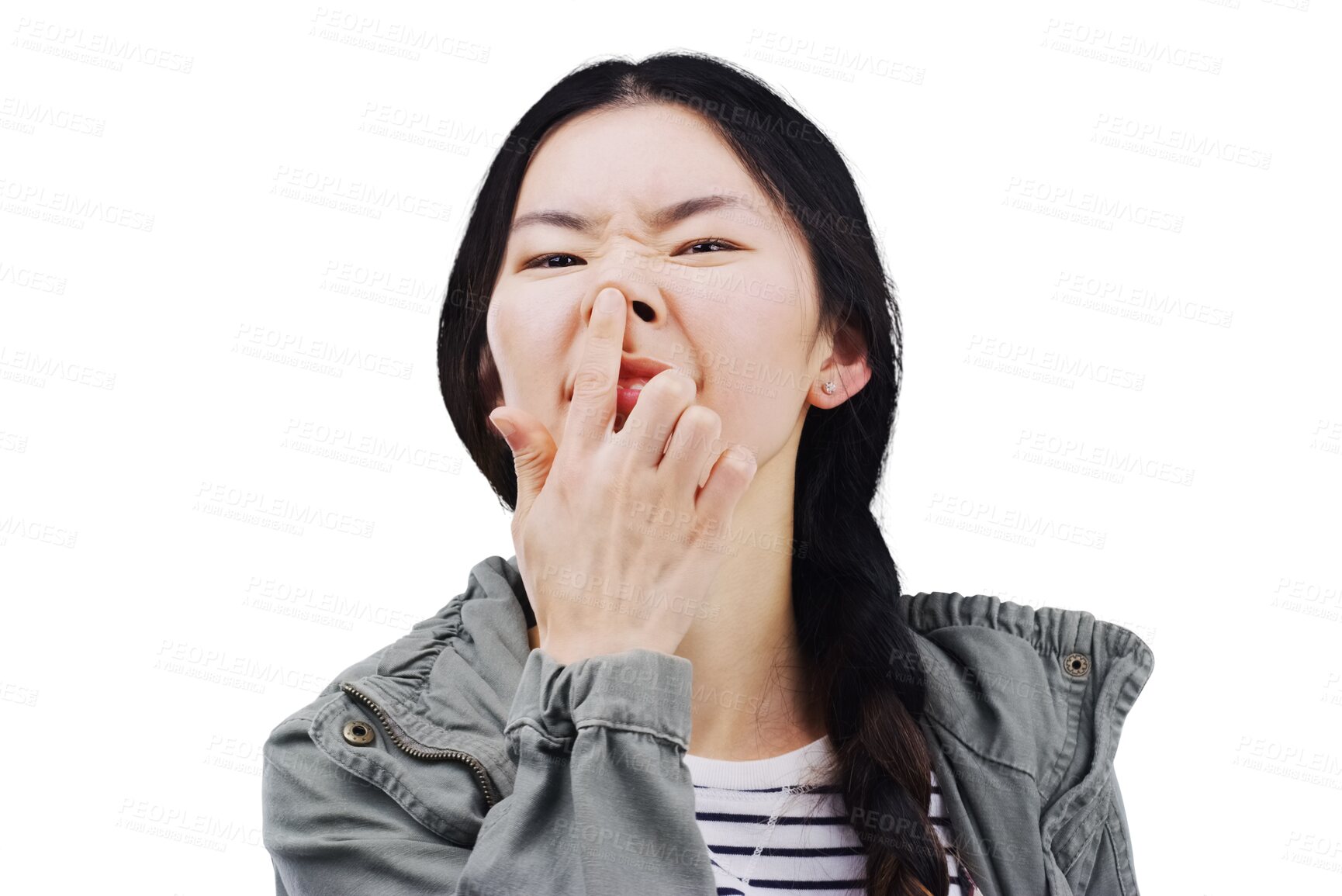 Buy stock photo Woman, nose and funny face or comedy, crazy and smile or isolated on transparent png background. Asian female person, silly and comic or humor, emoji and weird personality or happy, goofy and freedom