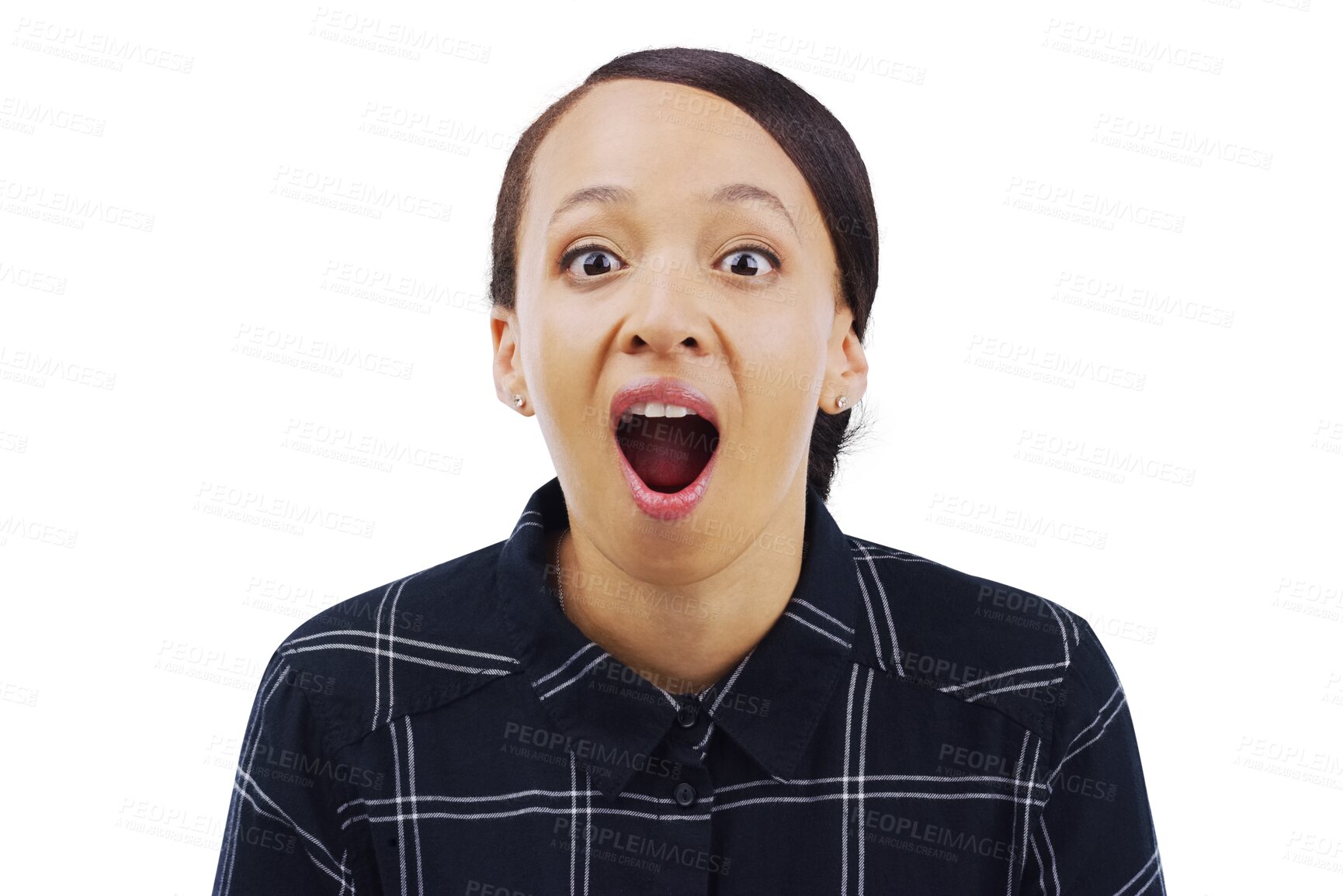 Buy stock photo Portrait, wow and surprise with the reaction of a woman to news or gossip isolated on a transparent background. Face, emoji and announcement with a young person looking mind blown or shocked on PNG