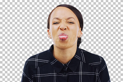 Buy stock photo Portrait, funny face and tongue out with a woman isolated on transparent background looking silly or goofy. Comic, comedy and crazy with a quirky young person joking on PNG for carefree fun or humor