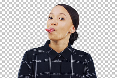 Buy stock photo Portrait, silly and tongue out with a happy woman isolated on a transparent background for comedy. Comic, funny face or goofy and a happy young person on  PNG for carefree facial expression humor