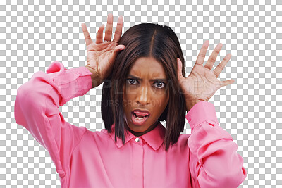 Buy stock photo Portrait, funny face and hands of an Indian woman looking silly or goofy isolated on a transparent PNG background. Comedy, comic and gesture with a crazy young female person joking for fun or humor