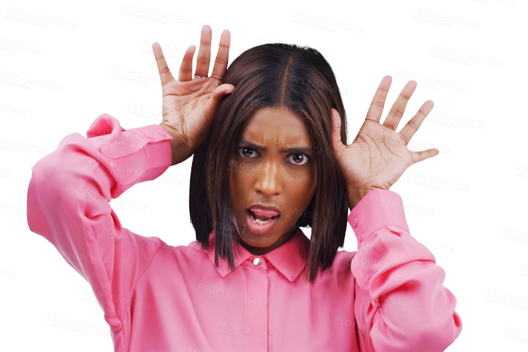 Buy stock photo Portrait, funny face and hands of an Indian woman looking silly or goofy isolated on a transparent PNG background. Comedy, comic and gesture with a crazy young female person joking for fun or humor