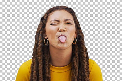 Buy stock photo Tongue out, funny face and young woman with comic, goofy or silly attitude or facial expression. Comedy, fun and person from Mexico with playful face for joke isolated by transparent png background.