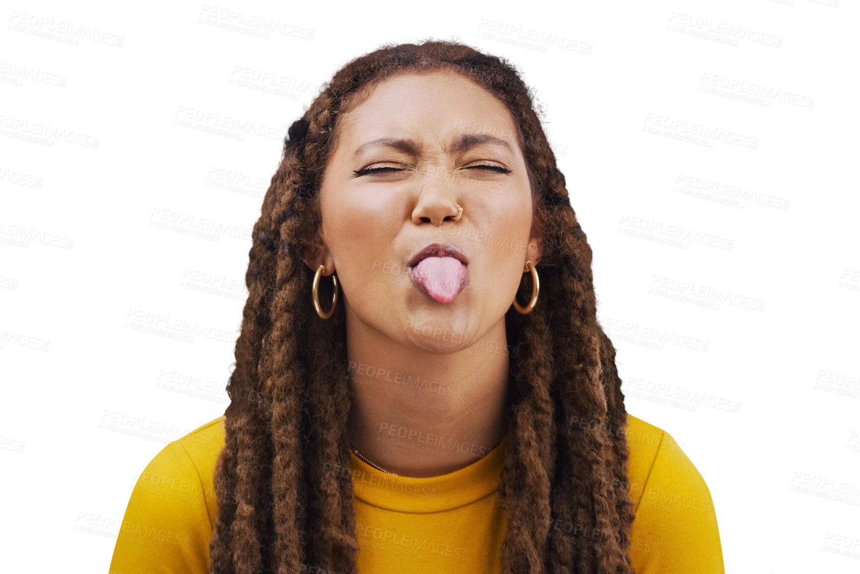 Buy stock photo Tongue out, funny face and young woman with comic, goofy or silly attitude or facial expression. Comedy, fun and person from Mexico with playful face for joke isolated by transparent png background.