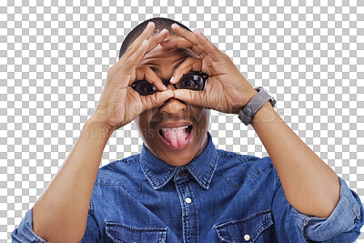 Buy stock photo Glasses, frame and portrait of man with hands, tongue out or  gesture on isolated, transparent or png background. Finger, shape or model face with nerd, geek or goofy mood, personality or spectacles