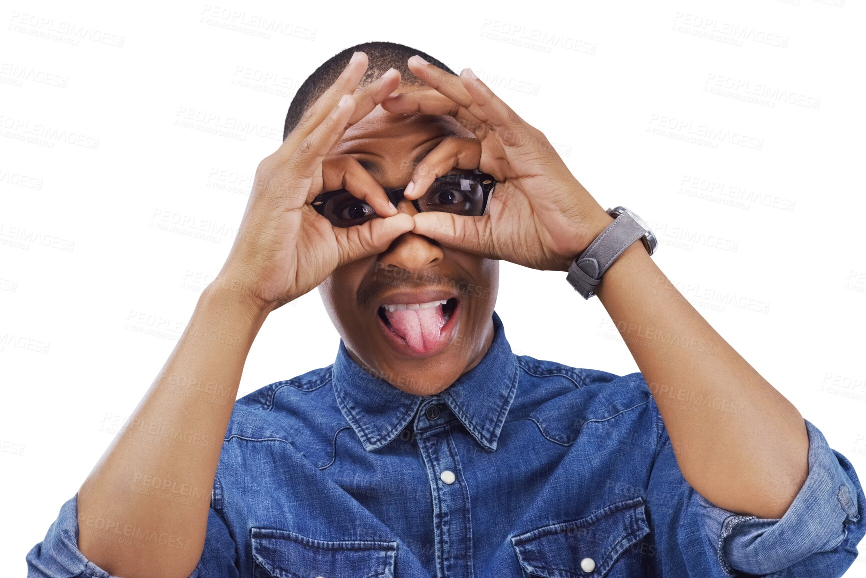 Buy stock photo Glasses, frame and portrait of man with hands, tongue out or  gesture on isolated, transparent or png background. Finger, shape or model face with nerd, geek or goofy mood, personality or spectacles