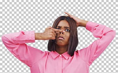 Buy stock photo Finger on nose, funny face and portrait of Indian woman on isolated, png and transparent background. Emoji, comic and person with silly gesture, goofy and crazy expression for joke, humor and comedy