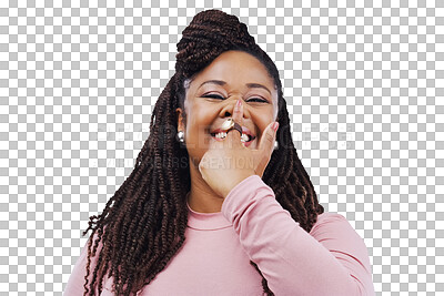 Buy stock photo Finger on nose, funny face and portrait of black woman on isolated, png and transparent background. Emoji, comic and person with silly gesture, goofy and crazy expression for joke, humor and comedy