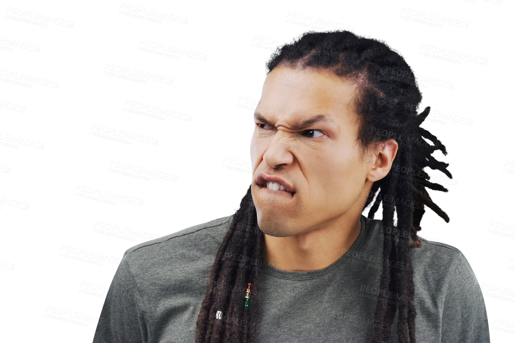 Buy stock photo Isolated man, funny face and dreads for comic expression, thinking or idea by transparent png background. African person, student guy and crazy attitude for fashion, comedy or memory with braids hair