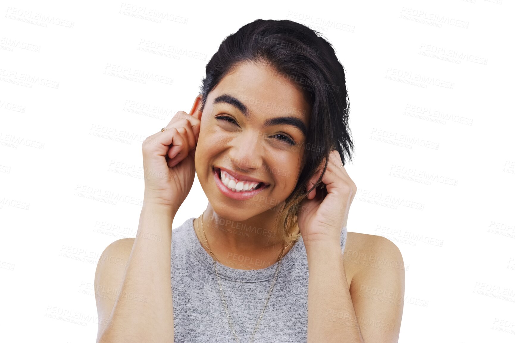 Buy stock photo Isolated woman, pull ears and funny face with smile in portrait for comic joke by transparent png background. Student girl, model person and happy with emoji, listening or hearing with hands by head