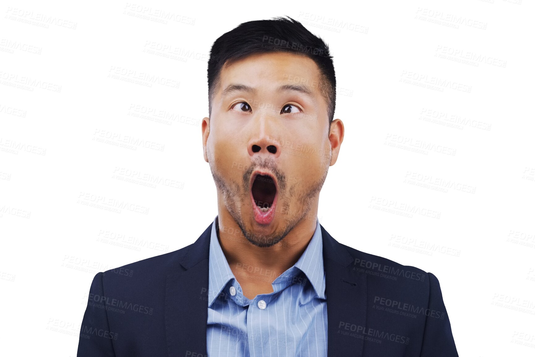 Buy stock photo Funny, face and asian man with cross eyes on isolated, transparent or png background, Crazy, emoji or model with wow, expression or personality, mood and joke, humor or unique squint eyeball trick