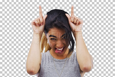 Buy stock photo Funny, portrait and crazy woman with loser, hands or tongue out expression on isolated, transparent or png background. Comic, face and female with devil horns emoji for insult, bullying or goofy mood