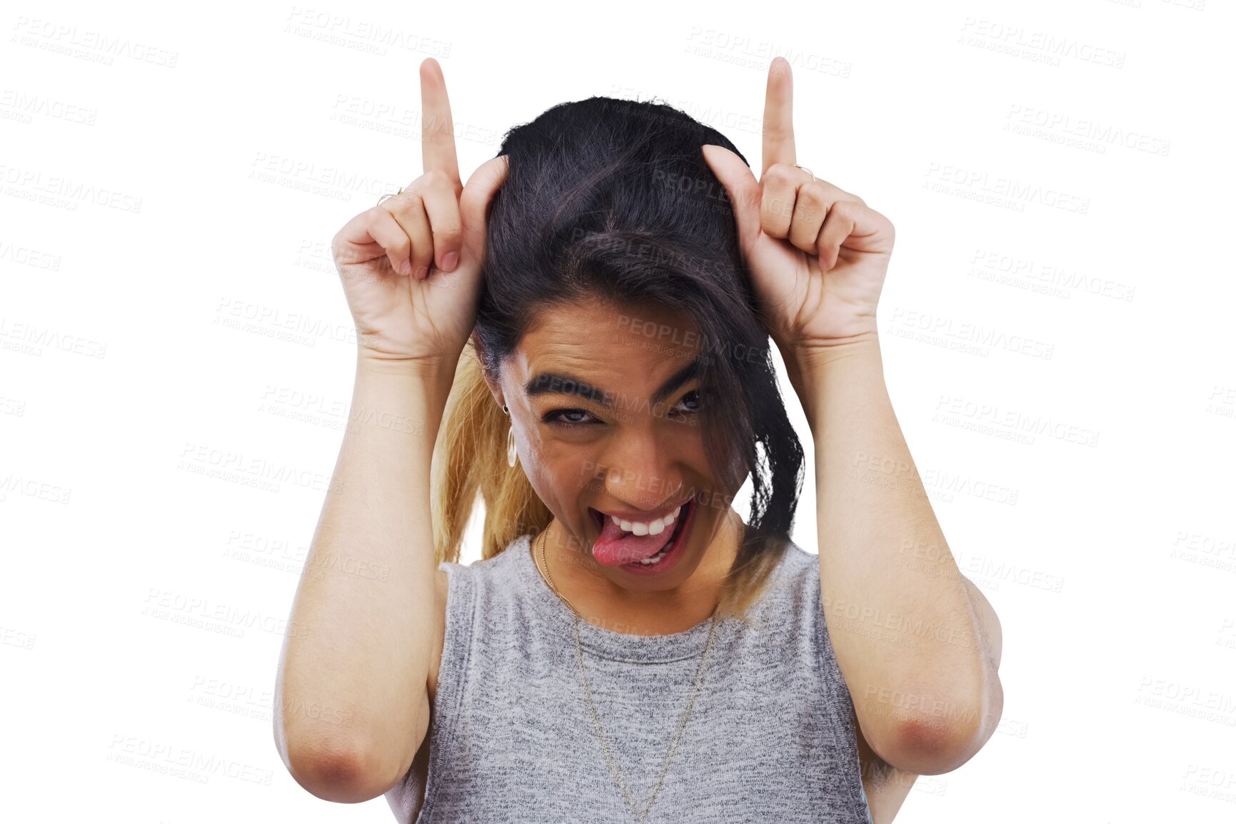 Buy stock photo Funny, portrait and crazy woman with loser, hands or tongue out expression on isolated, transparent or png background. Comic, face and female with devil horns emoji for insult, bullying or goofy mood