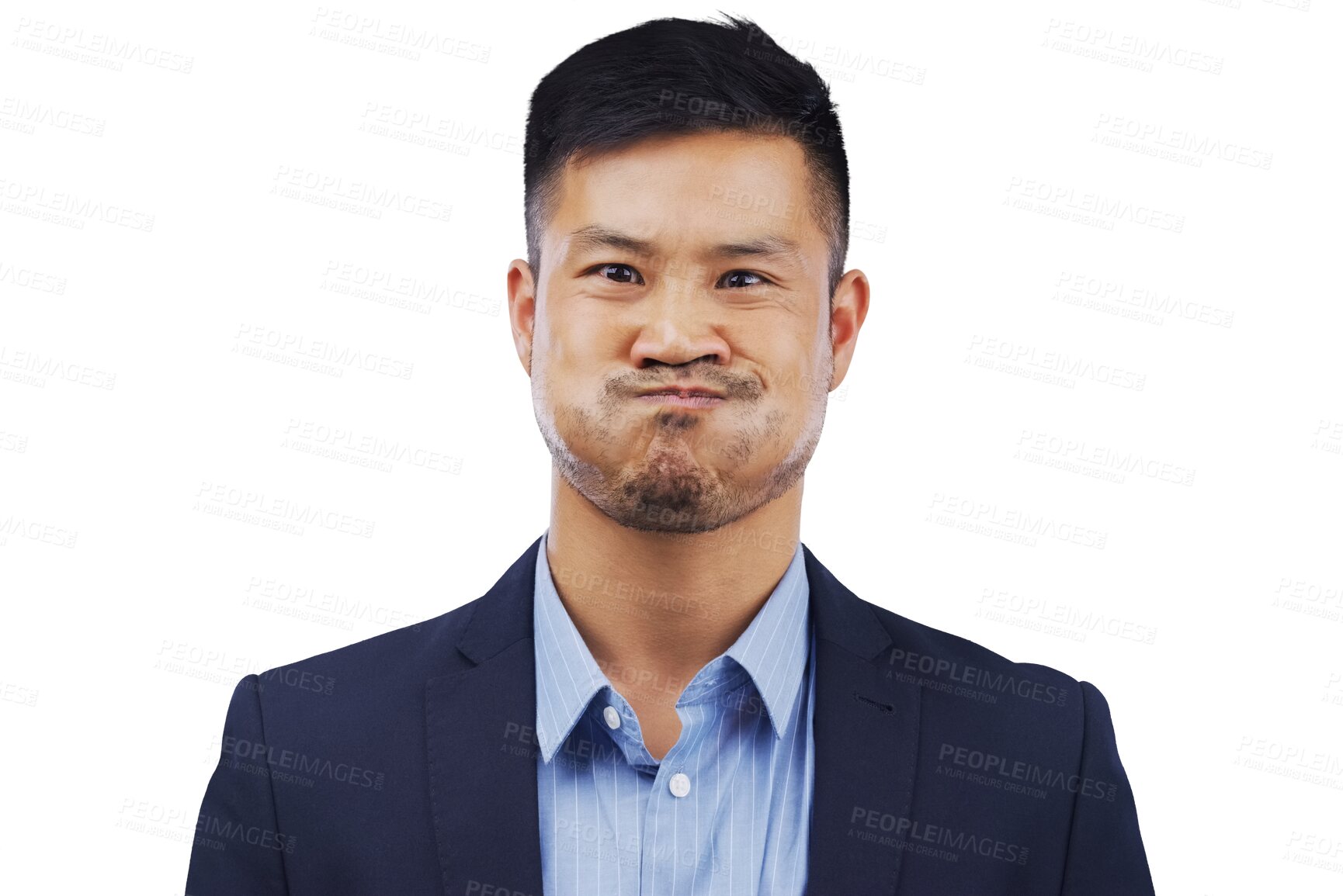 Buy stock photo Portrait, funny face and young man with comic, goofy or silly attitude or facial expression. Comedy, fun and male person from Canada with playful face for joke isolated by transparent png background.