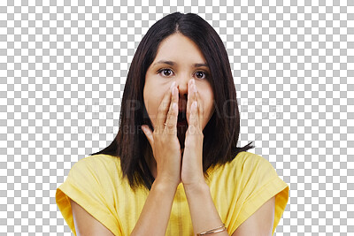 Buy stock photo Woman, portrait and surprise in OMG, wow or shocked isolated on a transparent PNG background. Face of surprised female person with hands on mouth or facial expression for prize or shocking news