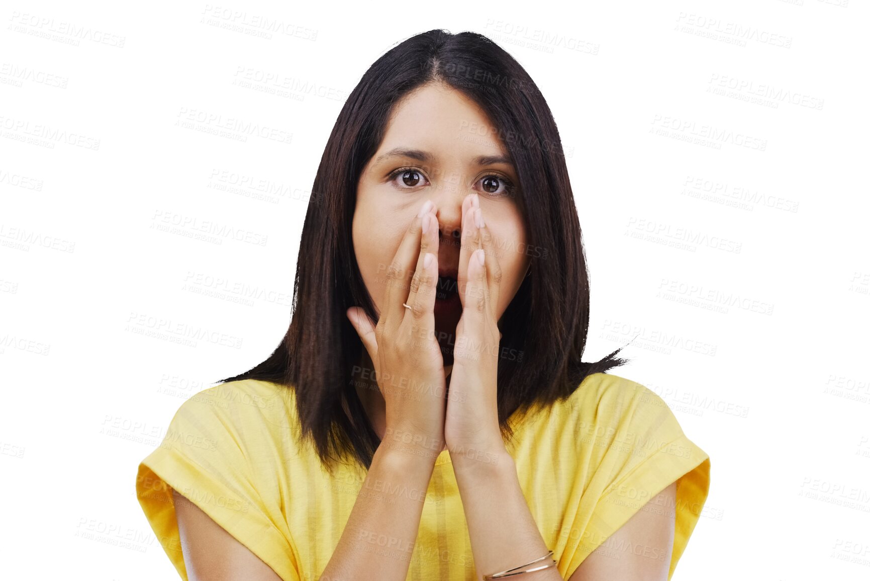 Buy stock photo Woman, portrait and surprise in OMG, wow or shocked isolated on a transparent PNG background. Face of surprised female person with hands on mouth or facial expression for prize or shocking news