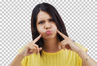 Buy stock photo Portrait, funny face and young woman with comic, goofy or silly attitude or facial expression. Comedy, fun and person from Canada with playful face for joke isolated by transparent png background.