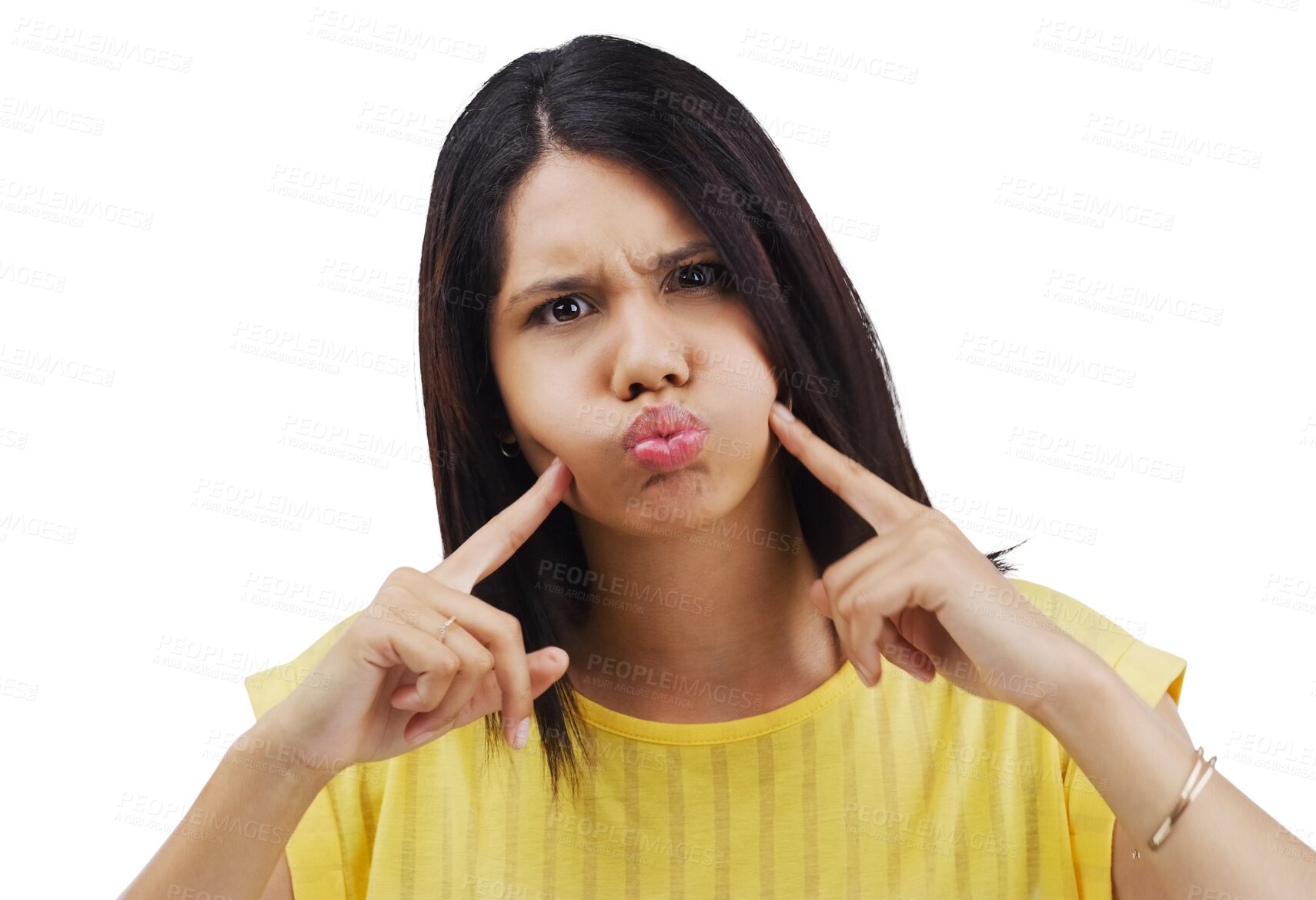 Buy stock photo Portrait, funny face and young woman with comic, goofy or silly attitude or facial expression. Comedy, fun and person from Canada with playful face for joke isolated by transparent png background.