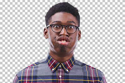 Buy stock photo Funny face, glasses and portrait with a black man, crazy and confident guy isolated on transparent background. African person, png or joke with eyewear, nerd and goofy with facial expression or geek