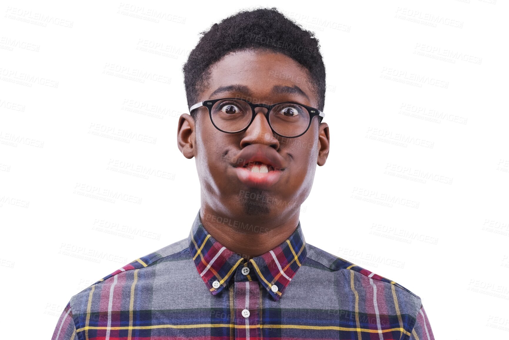 Buy stock photo Funny face, glasses and portrait with a black man, crazy and confident guy isolated on transparent background. African person, png or joke with eyewear, nerd and goofy with facial expression or geek