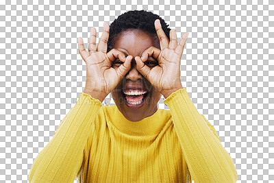 Buy stock photo Funny, black woman and hand glasses, frame or search on isolated, transparent or png background. Finger, shape and African model face with gesture for vision, seeing or comic, nerd or geek expression