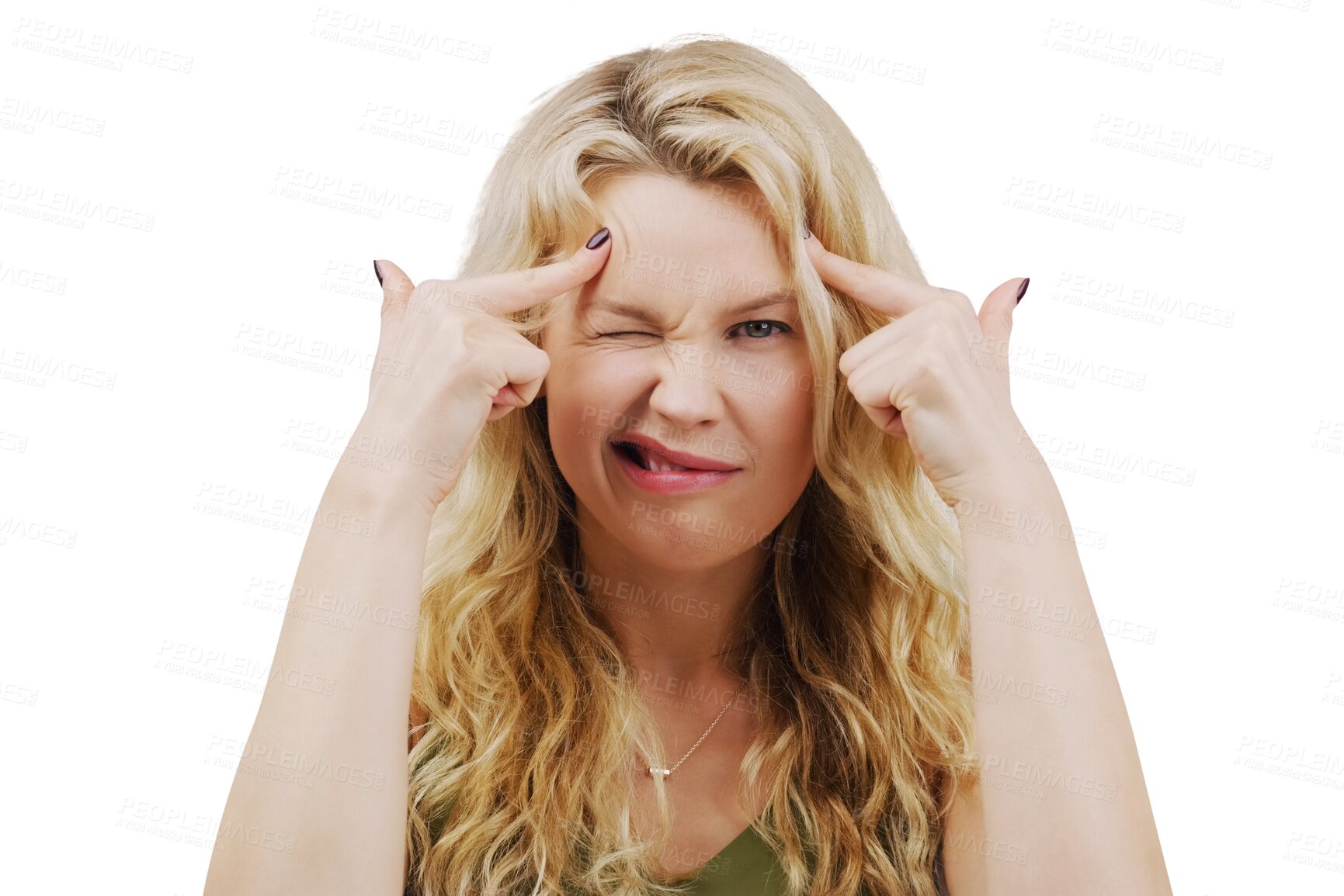 Buy stock photo Portrait, funny face and wink with a crazy woman isolated on transparent background looking silly or goofy. Comic, comedy and fingers on head with a young person joking for playful fun on PNG