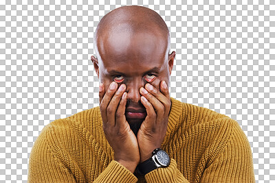 Buy stock photo Stress, burnout and portrait of black man with tired eyes gesture on isolated, transparent or png background. Insomnia, anxiety and face of model frustrated by conflict, fail or mental health crisis