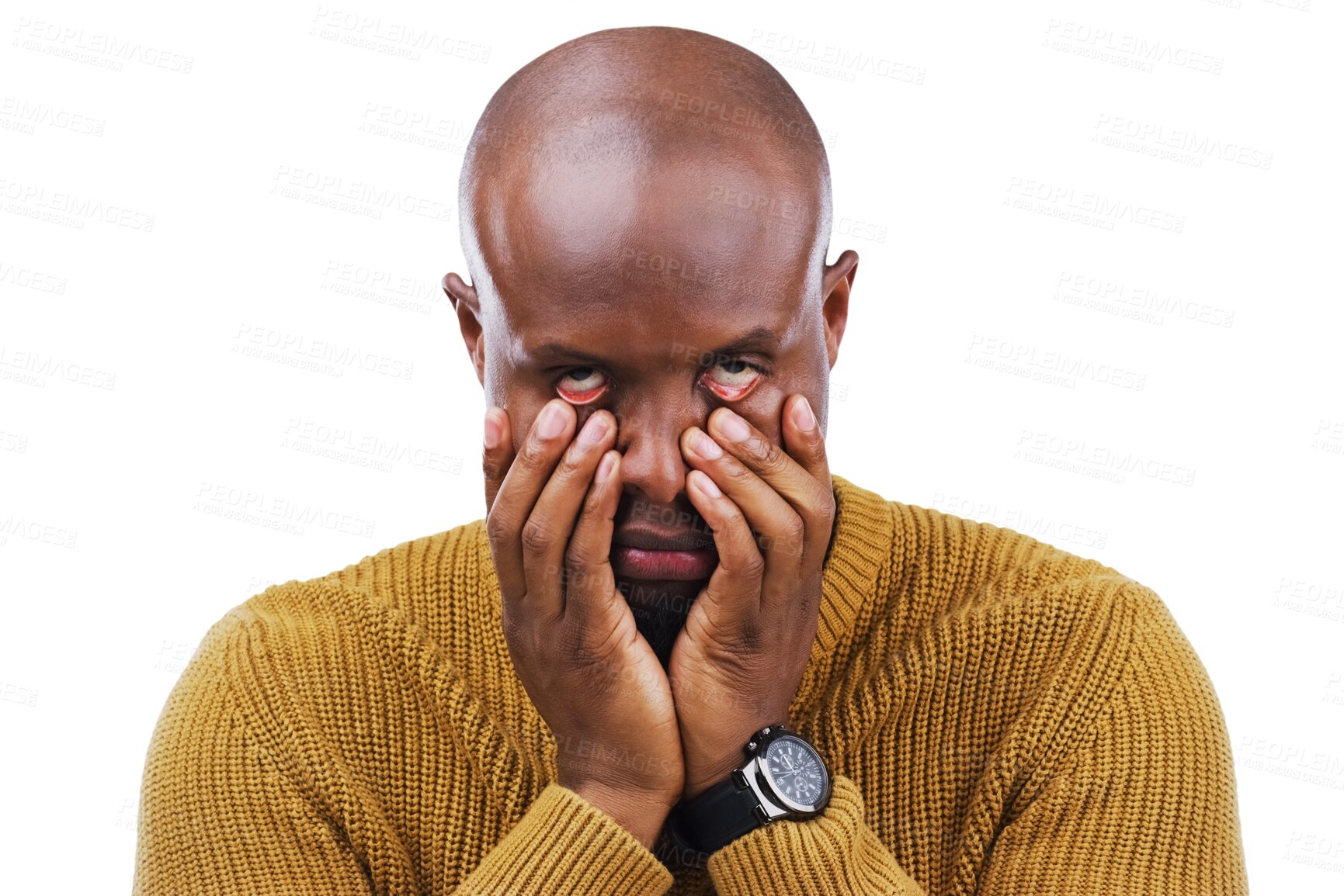 Buy stock photo Stress, burnout and portrait of black man with tired eyes gesture on isolated, transparent or png background. Insomnia, anxiety and face of model frustrated by conflict, fail or mental health crisis