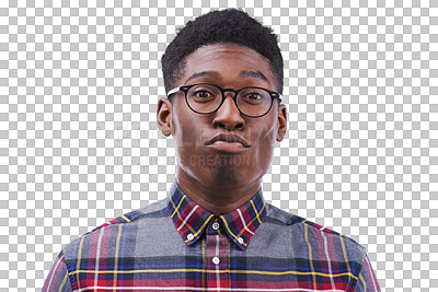 Buy stock photo Black man, young and funny face in portrait for pout with glasses for nerd, goofy and quirky style. Male student, silly and expression on isolated or transparent png background for casual fashion