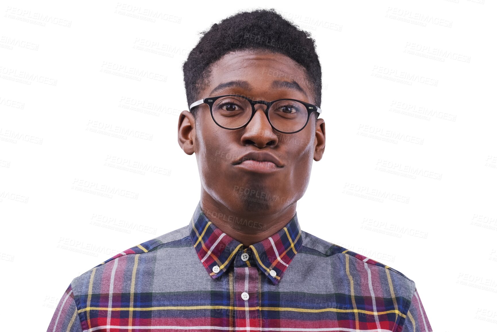 Buy stock photo Black man, young and funny face in portrait for pout with glasses for nerd, goofy and quirky style. Male student, silly and expression on isolated or transparent png background for casual fashion