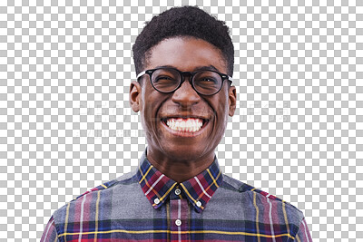 Buy stock photo Portrait, funny or face of black man, nerd or geek isolated on transparent png background. Glasses, smile or facial expression of happy young person excited for comedy, goofy joke or silly in Nigeria