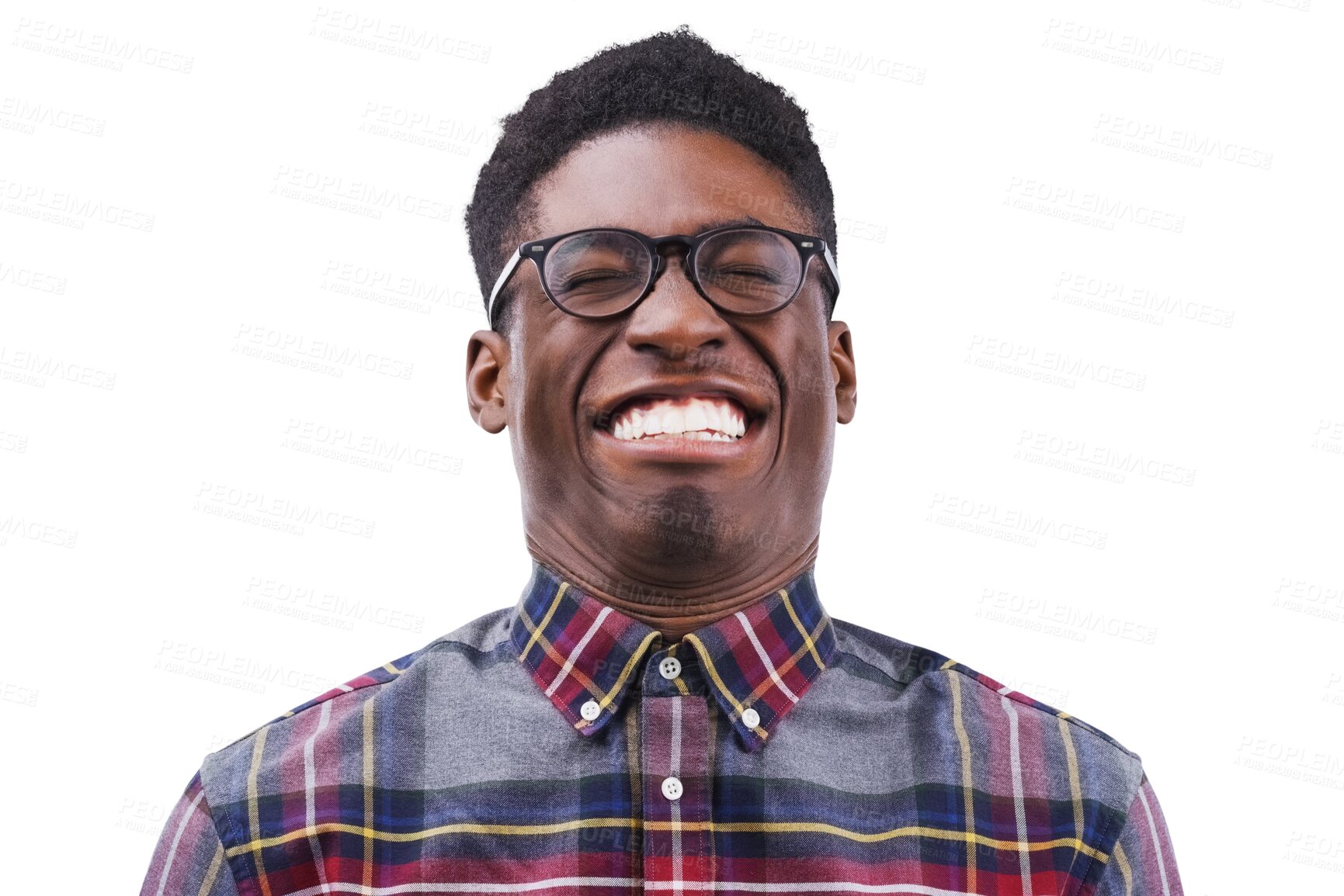 Buy stock photo Teeth, funny face and glasses with a black man isolated on a transparent background for comedy or humor. Expression, eyes closed and eyewear with a young person in a checkered shirt joking on PNG