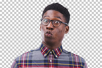 Buy stock photo Surprise, portrait and black man with wow gossip on isolated, transparent or png background. No way, shock and face of African model with omg news, reaction or oops, emoji or offended by secret drama