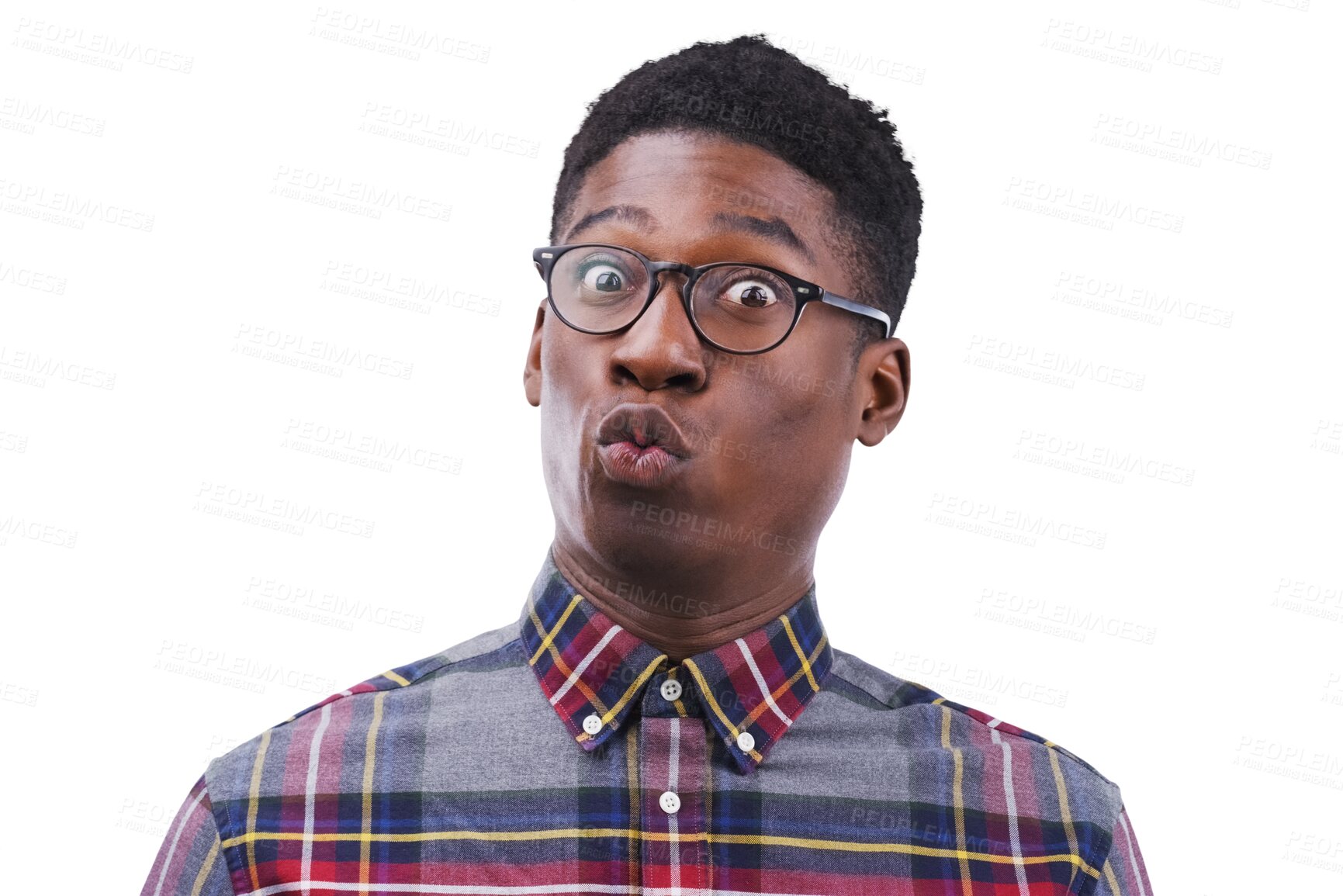 Buy stock photo Surprise, portrait and black man with wow gossip on isolated, transparent or png background. No way, shock and face of African model with omg news, reaction or oops, emoji or offended by secret drama