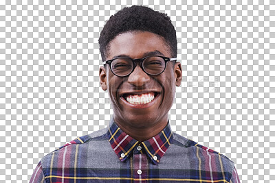 Buy stock photo Portrait, black man and smile with laugh for funny, joke or humor with happiness. Male student, silly or goofy with comic expression on face with glasses on isolated or transparent png background