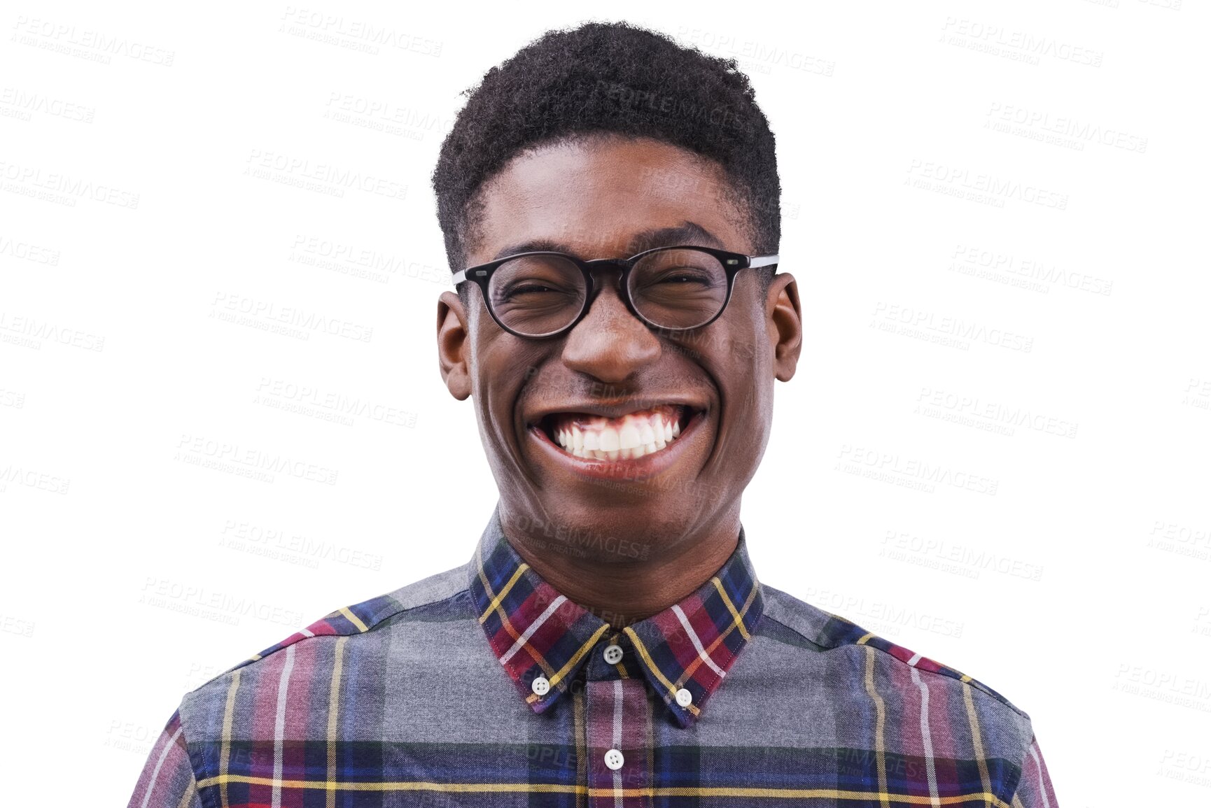 Buy stock photo Portrait, black man and smile with laugh for funny, joke or humor with happiness. Male student, silly or goofy with comic expression on face with glasses on isolated or transparent png background