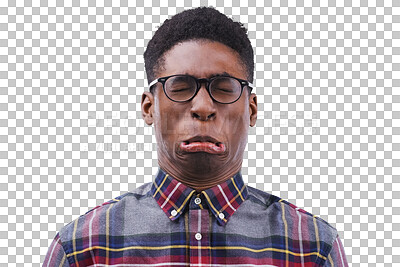 Buy stock photo Man, cry and upset with sad, face or depression for heartbreak, pain or grief. Male student, mourning and emotions with glasses for hurting facial expression on isolated or transparent png background