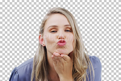 Buy stock photo Portrait, hands and woman with air kiss on isolated, transparent or png background. Thank you, emoji and face of lady model with gesture for love, kindness or support, flirting or romantic interest