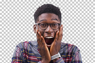 Buy stock photo Black man, portrait and surprise in OMG, wow or shocked isolated on a transparent PNG background. Face of surprised African male person with hands or facial expression for lucky prize or good news