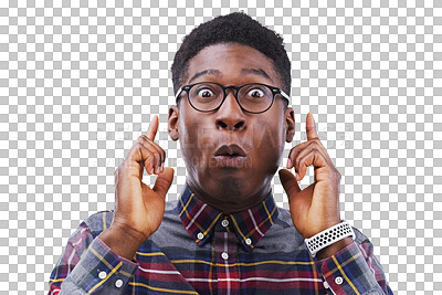 Buy stock photo Wow surprise and portrait of black man with hand pointing up for glasses, sale or news on isolated, transparent or png background. Omg, face and winner shocked by deal, discount or promotion offer