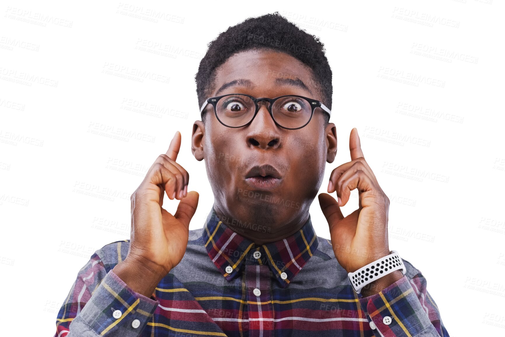 Buy stock photo Wow surprise and portrait of black man with hand pointing up for glasses, sale or news on isolated, transparent or png background. Omg, face and winner shocked by deal, discount or promotion offer