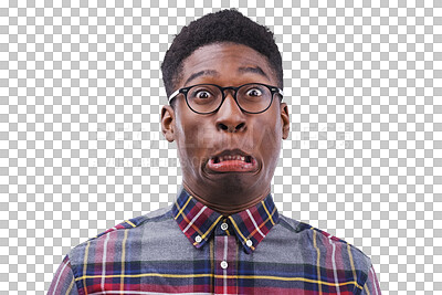 Buy stock photo Oops, portrait and funny black man with comic expression on isolated, transparent or png background. Oh no, mistake and face of African model with fail, grimace or goofy personality or sorry reaction