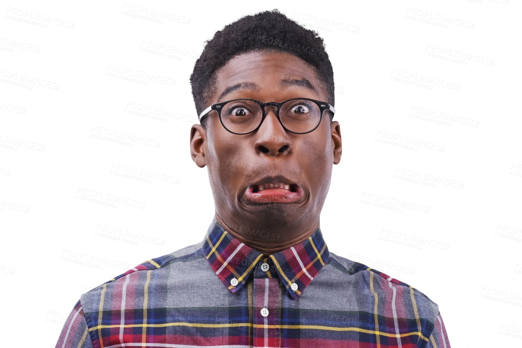 Buy stock photo Oops, portrait and funny black man with comic expression on isolated, transparent or png background. Oh no, mistake and face of African model with fail, grimace or goofy personality or sorry reaction